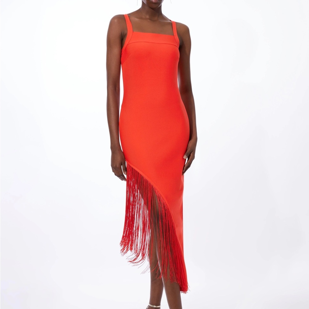 Karen Millen Vibrant Red Asymmetrical Fringe Dress